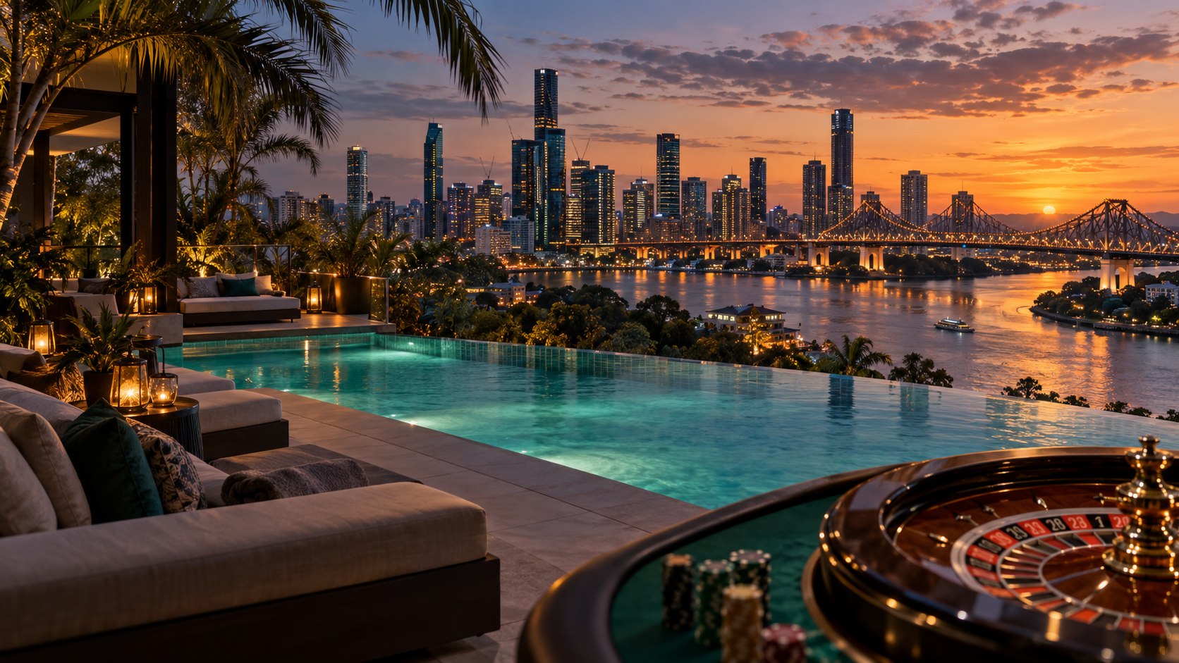 AI-generated Brisbane-inspired casino lounge overlooking a resort pool, river, bridge and city skyline at sunset